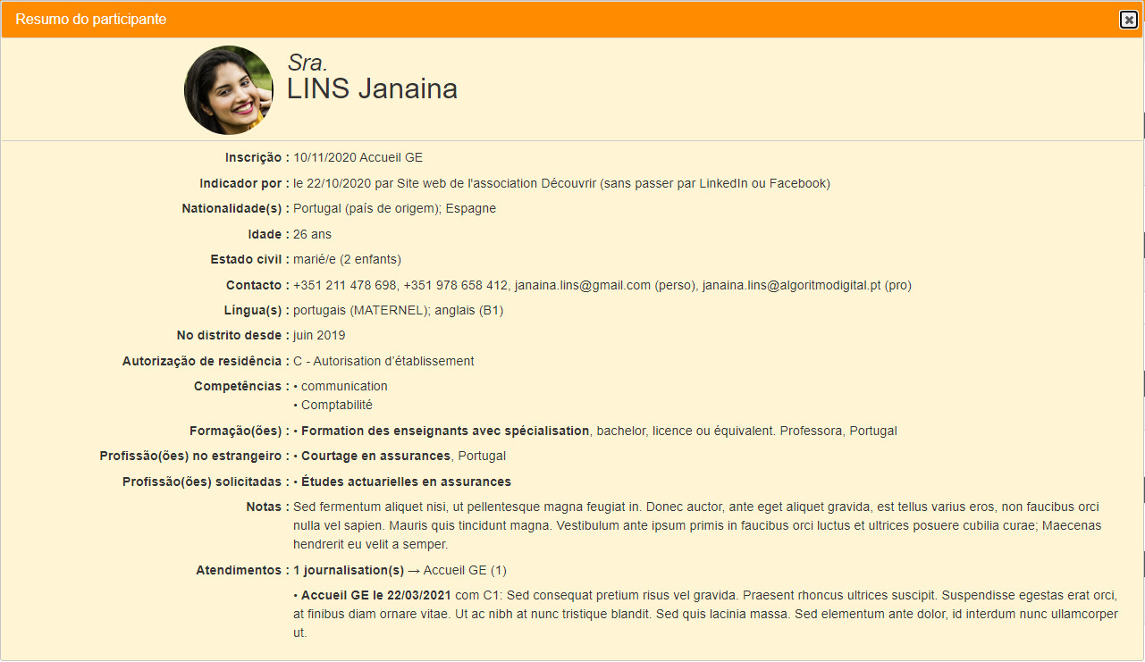 La vue « Résumé » rassemble toutes les informations concernant un-e participant-e: données personnelles et journalisation des activités.